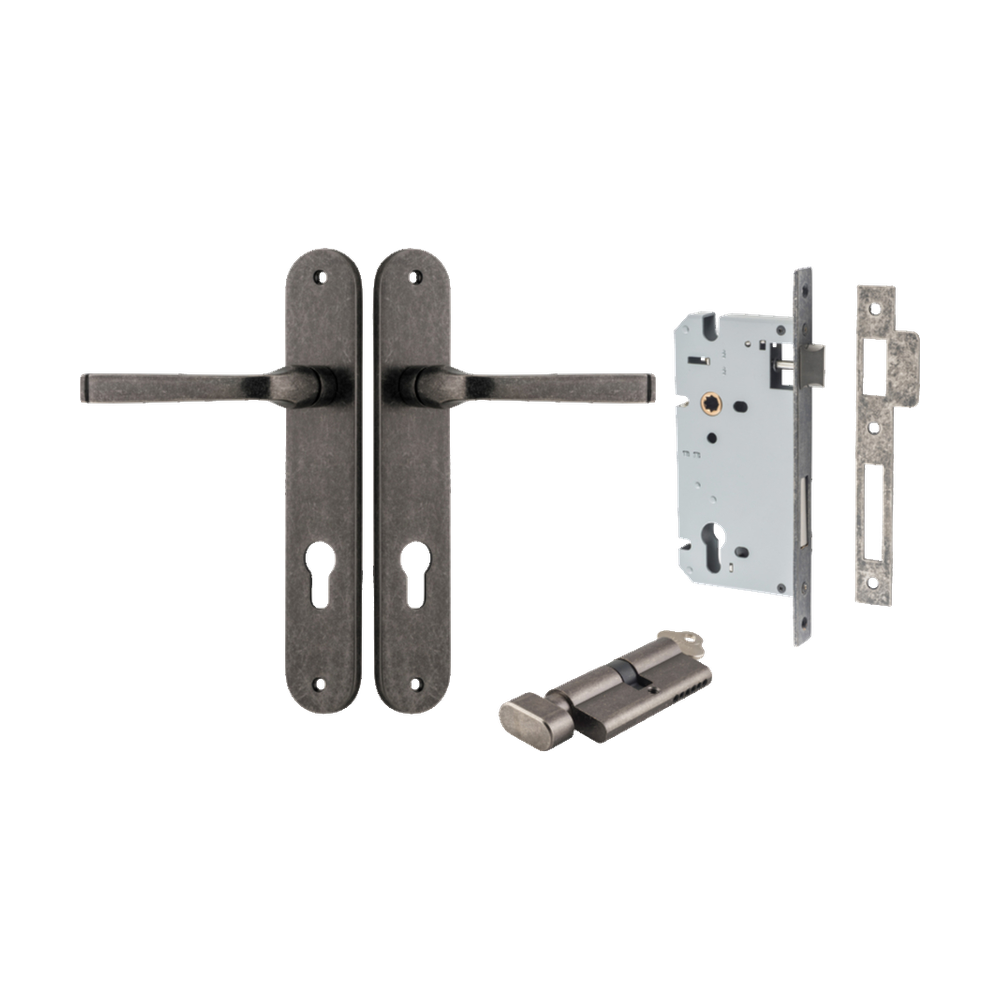 Door Lever Annecy Oval Euro Distressed Nickel CTC85mm H240xW40xP62mm Entrance Kit Mortice Lock Euro Distressed Nickel CTC85mm Backset 60mm, Euro Cylinder Key Thumb 6 Pin Distressed Nickel L70mm KA1 in Distressed Nickel