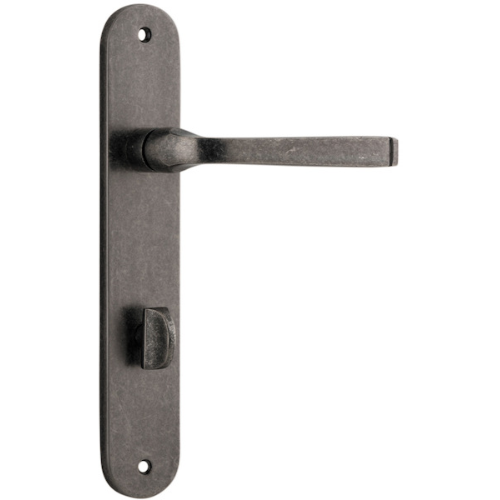Pair of Iver Annecy lever handles on oval backplates, featuring polished metal finish and elegant design for interior doors.