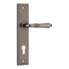 Pair of Iver Sarlat lever handles on stepped backplates, showcasing elegant brushed metal finish and classic door hardware design.