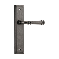 Pair of Iver Verona lever handles on stepped backplates, architectural hardware with sleek, modern design for doors.