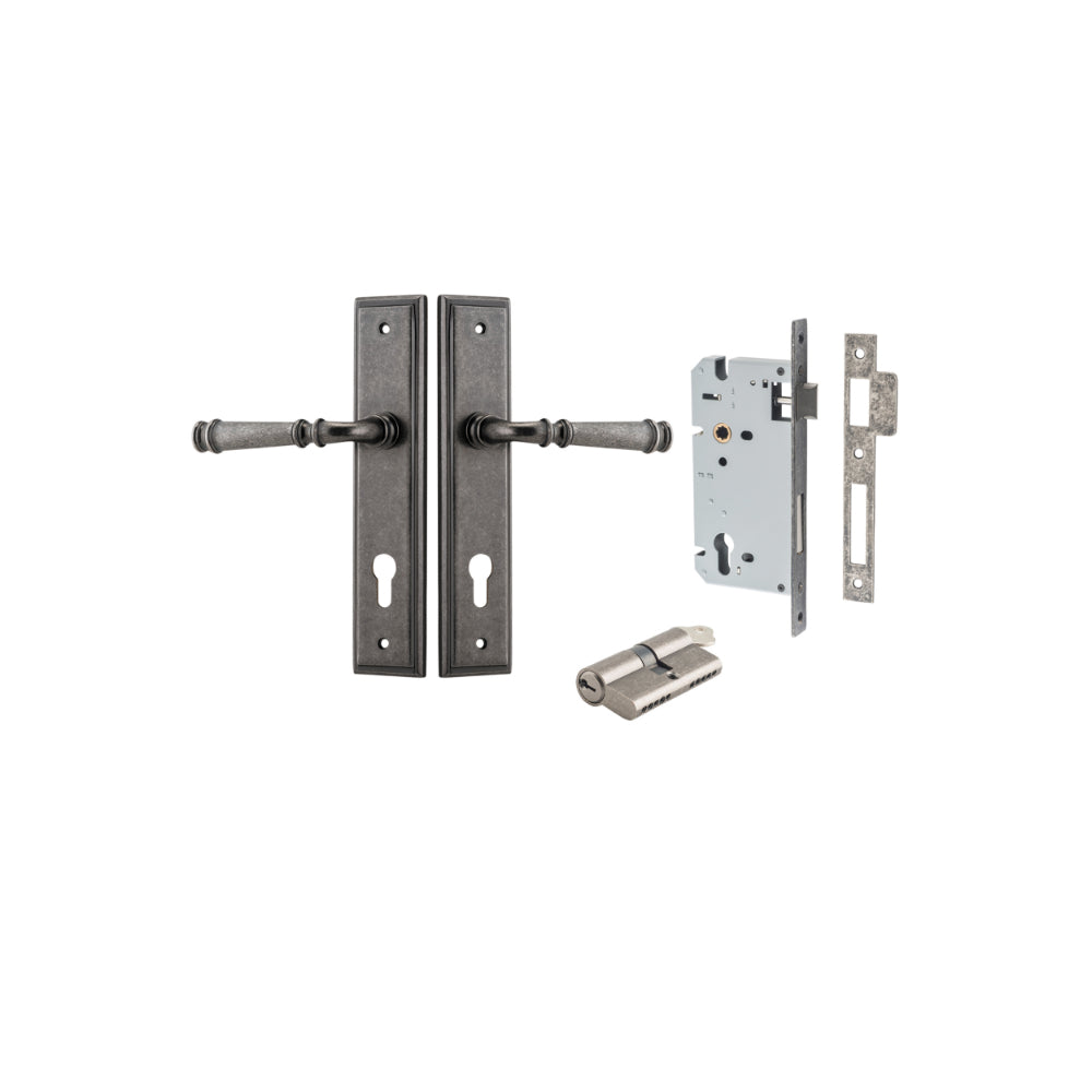 Door Lever Verona Stepped Euro Distressed Nickel CTC85mm H240xW50xP59mm Entrance Kit Mortice Lock Euro Distressed Nickel CTC85mm Backset 60mm, Euro Cylinder Dual Function 5 Pin Distressed Nickel L65mm KA1 in Distressed Nickel