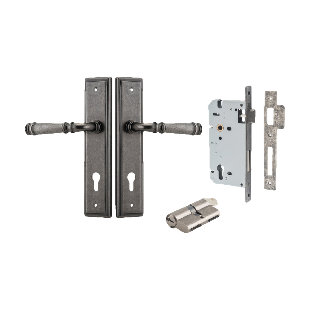 Door Lever Verona Stepped Euro Distressed Nickel CTC85mm H240xW50xP59mm Entrance Kit Mortice Lock Euro Distressed Nickel CTC85mm Backset 60mm, Euro Cylinder Dual Function 5 Pin Distressed Nickel L65mm KA1 in Distressed Nickel