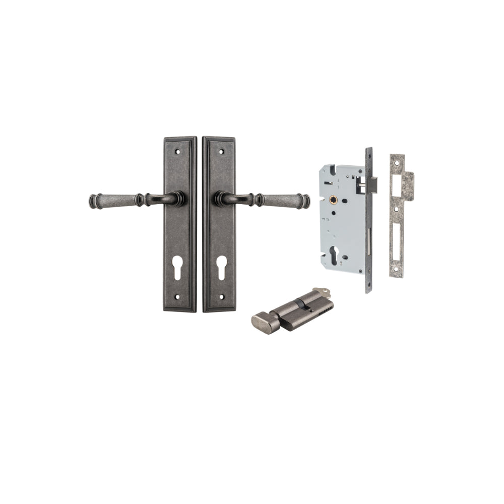 Door Lever Verona Stepped Euro Distressed Nickel CTC85mm H240xW50xP59mm Entrance Kit Mortice Lock Euro Distressed Nickel CTC85mm Backset 60mm, Euro Cylinder Key Thumb 6 Pin Distressed Nickel L70mm KA1 in Distressed Nickel
