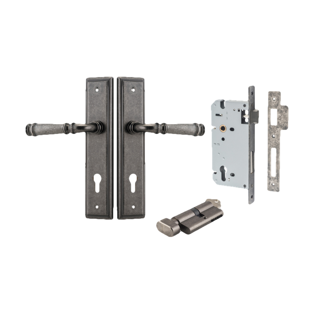 Door Lever Verona Stepped Euro Distressed Nickel CTC85mm H240xW50xP59mm Entrance Kit Mortice Lock Euro Distressed Nickel CTC85mm Backset 60mm, Euro Cylinder Key Thumb 6 Pin Distressed Nickel L70mm KA1 in Distressed Nickel