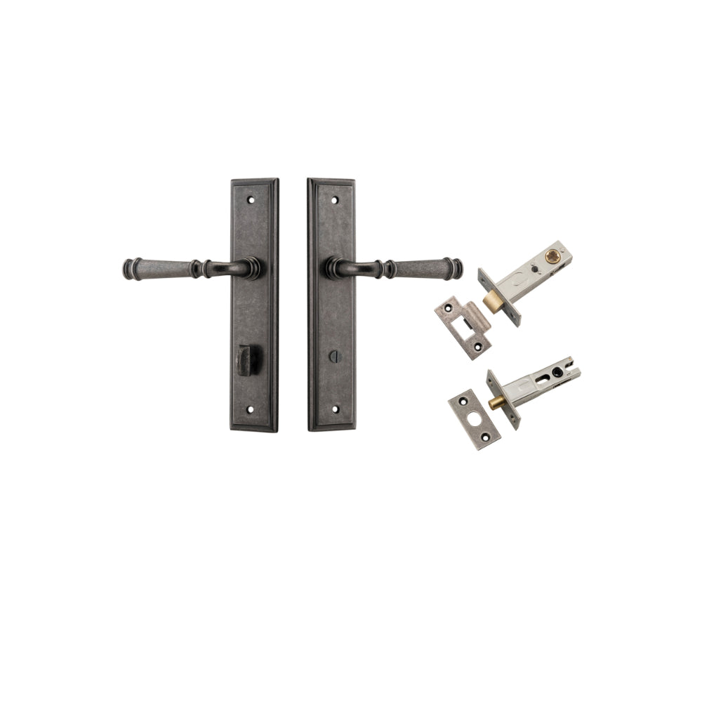 Door Lever Verona Stepped Privacy Distressed Nickel CTC85mm H240xW50xP59mm Inbuilt Privacy Kit Tube Latch Split Cam 'T' Striker Distressed Nickel Backset 60mm, Privacy Bolt Round Bolt Distressed Nickel Backset 60mm in Distressed Nickel