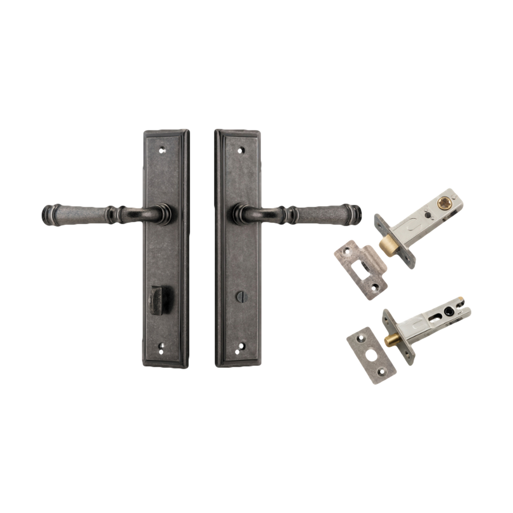 Door Lever Verona Stepped Privacy Distressed Nickel CTC85mm H240xW50xP59mm Inbuilt Privacy Kit Tube Latch Split Cam 'T' Striker Distressed Nickel Backset 60mm, Privacy Bolt Round Bolt Distressed Nickel Backset 60mm in Distressed Nickel