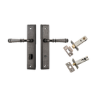 Pair of Iver Verona lever handles on stepped backplates, showcasing elegant architectural hardware design in a close-up view.
