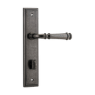 Pair of Iver Verona lever handles on stepped backplates, stylish architectural hardware for doors, in a polished finish.