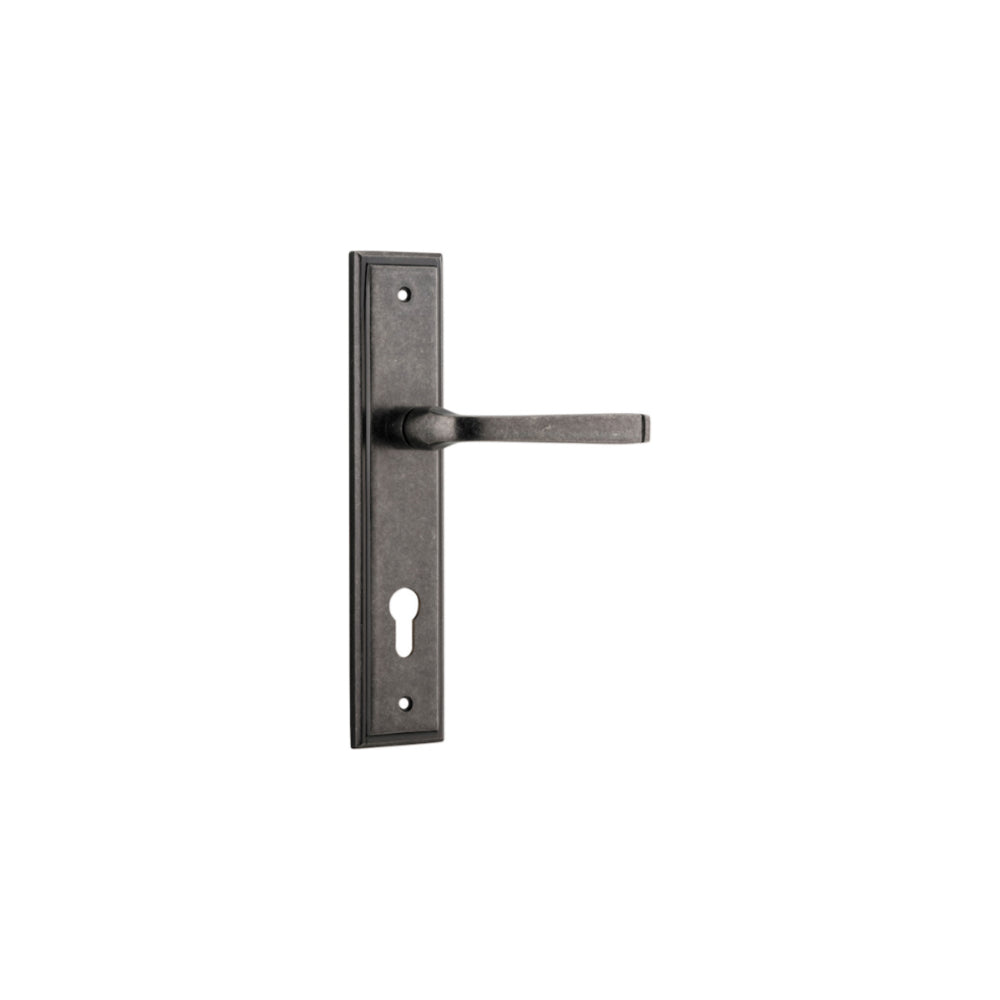 Pair of Iver Annecy lever handles on stepped backplates, shown in a close-up view with a polished finish.