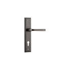 Pair of Iver Annecy lever handles on stepped backplates, shown in a close-up view with a polished finish.