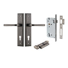 Pair of Iver Annecy lever handles on stepped backplates, with a sleek modern design, shown in a close-up image.