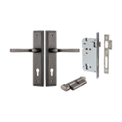 Door Lever Annecy Stepped Euro Distressed Nickel CTC85mm H240xW50xP65mm Entrance Kit Mortice Lock Euro Distressed Nickel CTC85mm Backset 60mm, Euro Cylinder Key Thumb 6 Pin Distressed Nickel L70mm KA1 in Distressed Nickel