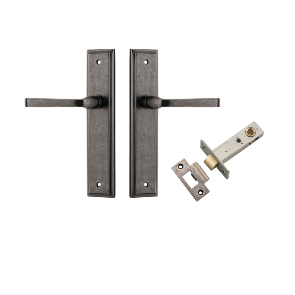 Door Lever Annecy Stepped Latch Distressed Nickel H240xW50xP65mm Passage Kit, Tube Latch Split Cam 'T' Striker Distressed Nickel Backset 60mm in Distressed Nickel