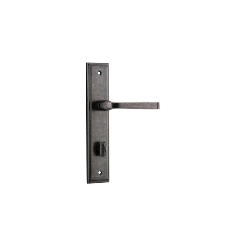 Pair of Iver Annecy lever handles on stepped backplates, featuring polished metal finish and elegant design for doors.