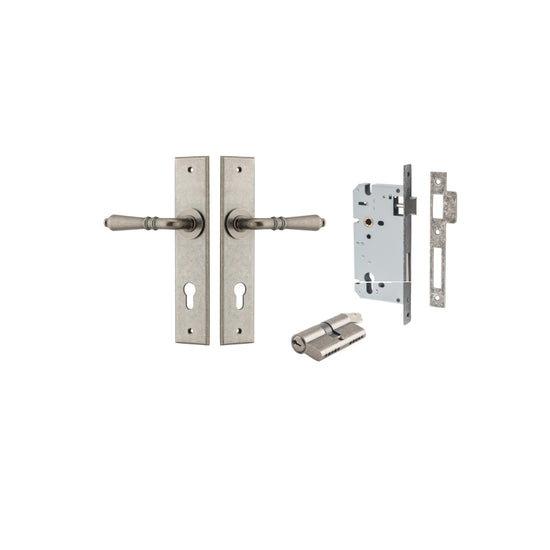 Door Lever Sarlat Chamfered Euro Pair Distressed Nickel CTC85mm L111xP55mm BPH240xW50mm Mortice Lock Euro Distressed Nickel CTC85mm Backset 60mm, Euro Cylinder Dual Function 5 Pin Distressed Nickel 65mm KA4 in Distressed Nickel
