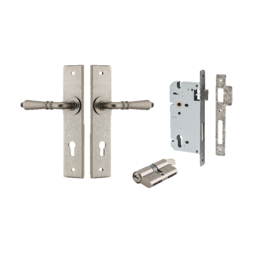 Door Lever Sarlat Chamfered Euro Pair Distressed Nickel CTC85mm L111xP55mm BPH240xW50mm Mortice Lock Euro Distressed Nickel CTC85mm Backset 60mm, Euro Cylinder Dual Function 5 Pin Distressed Nickel 65mm KA4 in Distressed Nickel