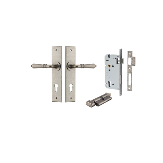 Door Lever Sarlat Chamfered Euro Pair Distressed Nickel CTC85mm L111xP55mm BPH240xW50mm Mortice Lock Euro Distressed Nickel CTC85mm Backset 60mm, Euro Cylinder Key Thumb 5 Pin Distressed Nickel 65mm KA4 in Distressed Nickel