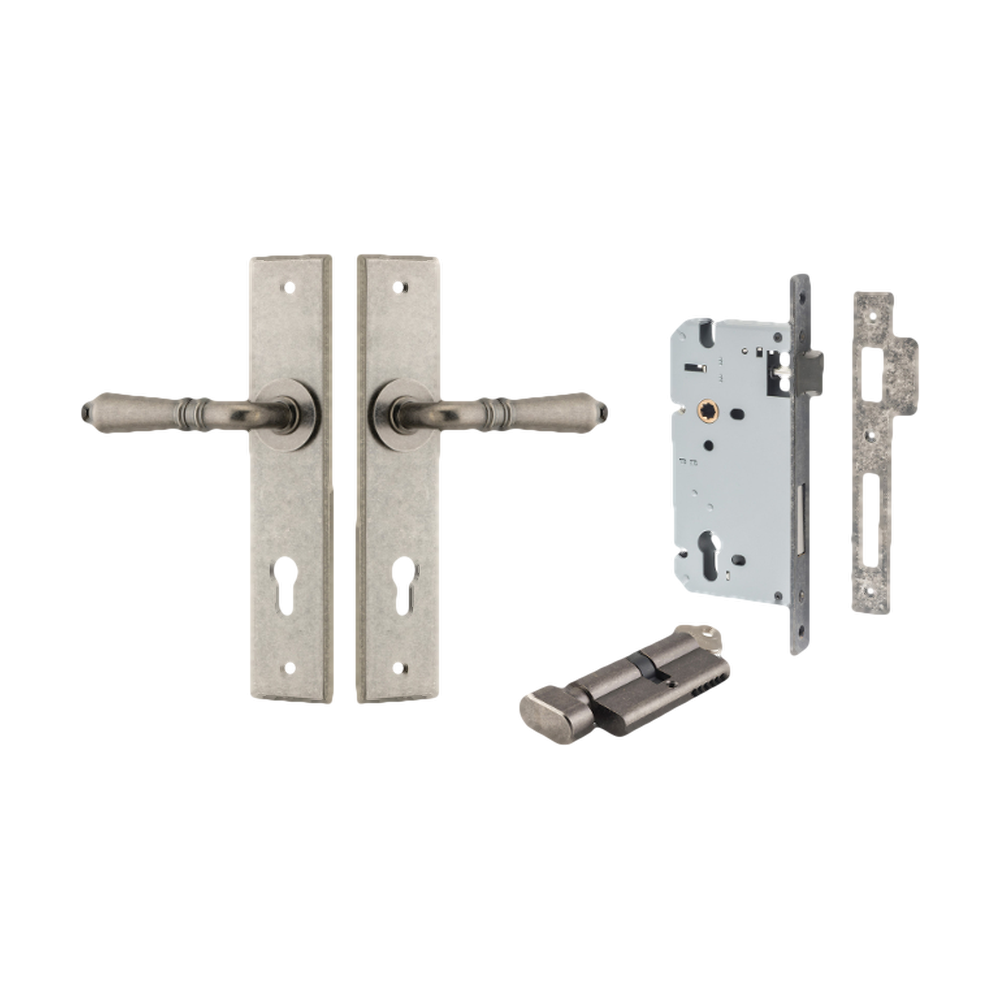 Door Lever Sarlat Chamfered Euro Pair Distressed Nickel CTC85mm L111xP55mm BPH240xW50mm Mortice Lock Euro Distressed Nickel CTC85mm Backset 60mm, Euro Cylinder Key Thumb 5 Pin Distressed Nickel 65mm KA4 in Distressed Nickel