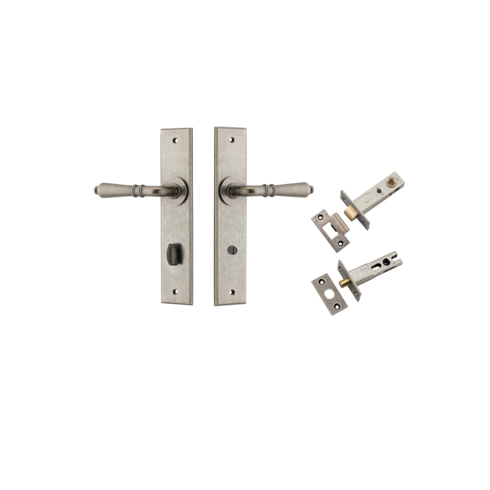 Door Lever Sarlat Chamfered Privacy Distressed Nickel CTC85mm L111xP55mm BPH240xW50mm Privacy Kit Tube Latch Split Cam 'T' Striker Distressed Nickel Backset 60mm, Privacy Bolt Round Bolt Distressed Nickel Backset 60mm in Distressed Nickel