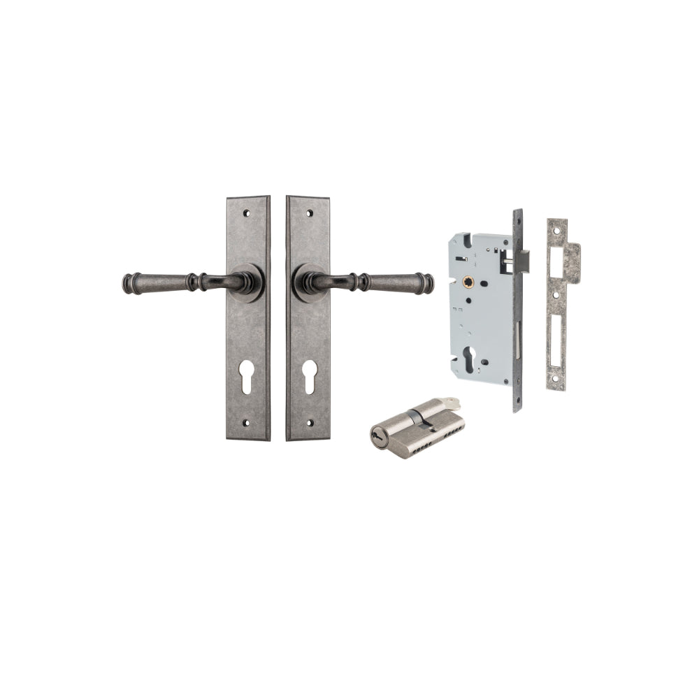 Door Lever Verona Chamfered Euro Pair Distressed Nickel CTC85mm L122xP58mm BPH240xW50mm Mortice Lock Euro Distressed Nickel CTC85mm Backset 60mm, Euro Cylinder Dual Function 5 Pin Distressed Nickel 65mm KA4 in Distressed Nickel