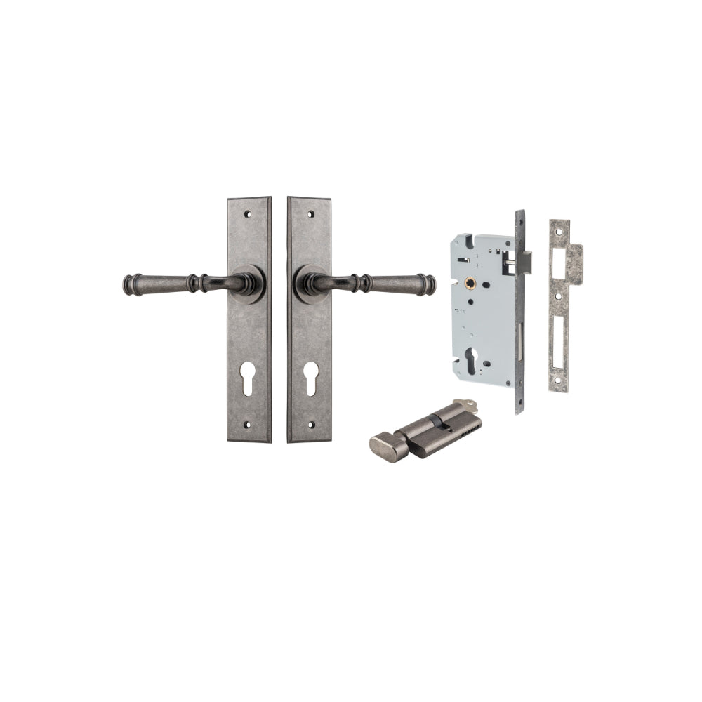 Door Lever Verona Chamfered Euro Pair Distressed Nickel CTC85mm L122xP58mm BPH240xW50mm Mortice Lock Euro Distressed Nickel CTC85mm Backset 60mm, Euro Cylinder Key Thumb 5 Pin Distressed Nickel 65mm KA4 in Distressed Nickel