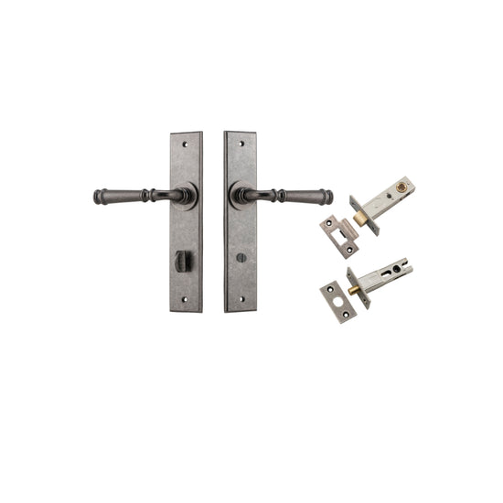 Door Lever Verona Chamfered Privacy Distressed Nickel CTC85mm L122xP58mm BPH240xW50mm Privacy Kit Tube Latch Split Cam 'T' Striker Distressed Nickel Backset 60mm, Privacy Bolt Round Bolt Distressed Nickel Backset 60mm in Distressed Nickel