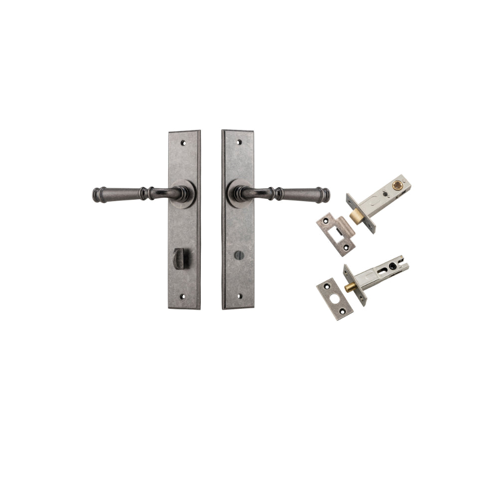 Door Lever Verona Chamfered Privacy Distressed Nickel CTC85mm L122xP58mm BPH240xW50mm Privacy Kit Tube Latch Split Cam 'T' Striker Distressed Nickel Backset 60mm, Privacy Bolt Round Bolt Distressed Nickel Backset 60mm in Distressed Nickel