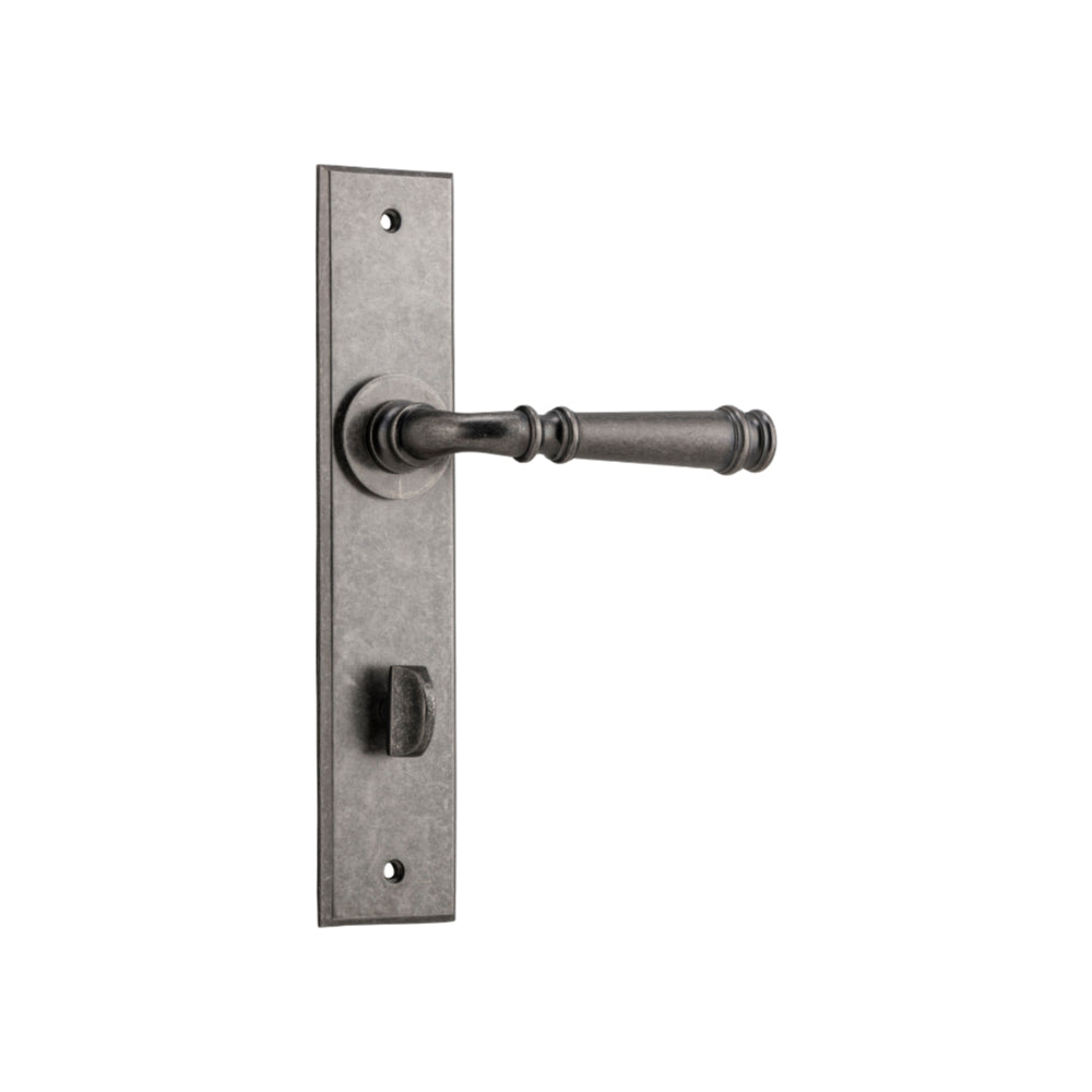 Door Lever Verona Chamfered Privacy Distressed Nickel CTC85mm H240xW50xP59mm in Distressed Nickel