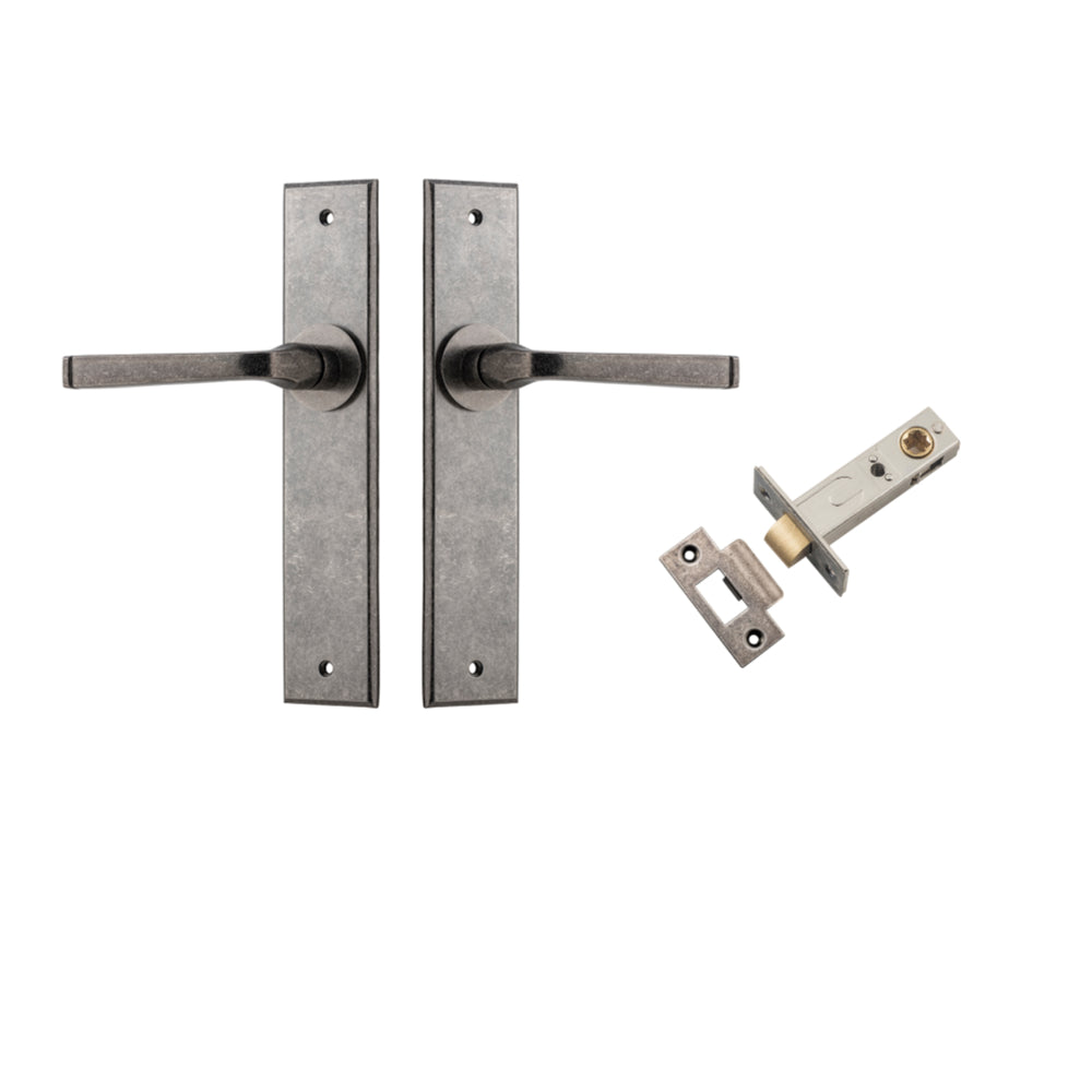 Pair of Iver Annecy lever door handles with chamfered backplates, shown in a natural finish on a white background.