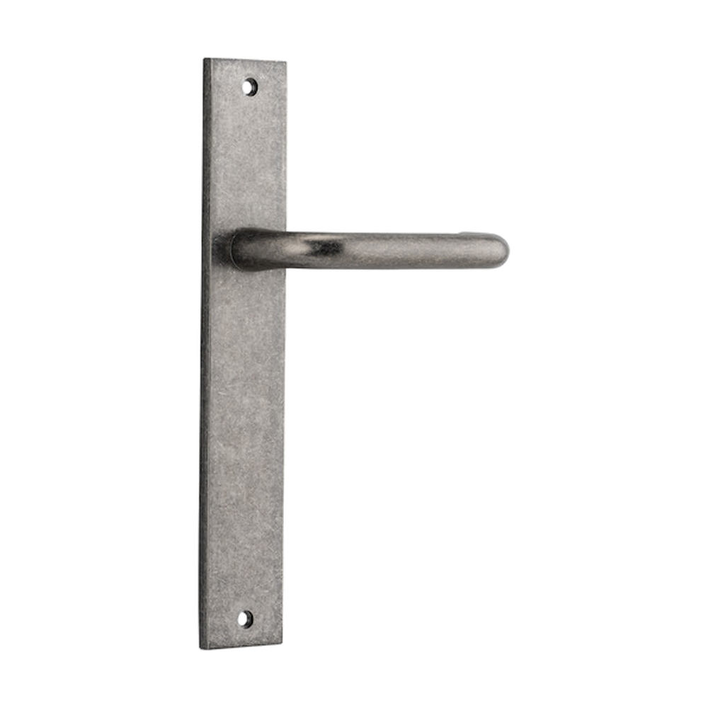 Pair of Iver Oslo Lever handles on rectangular backplates, architectural hardware for doors, with a sleek, modern design.