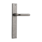 Pair of Iver Oslo Lever handles on rectangular backplates, architectural hardware for doors, with a sleek, modern design.