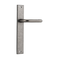 Pair of Iver Oslo Lever handles on rectangular backplates, architectural hardware for doors, with a sleek, modern design.