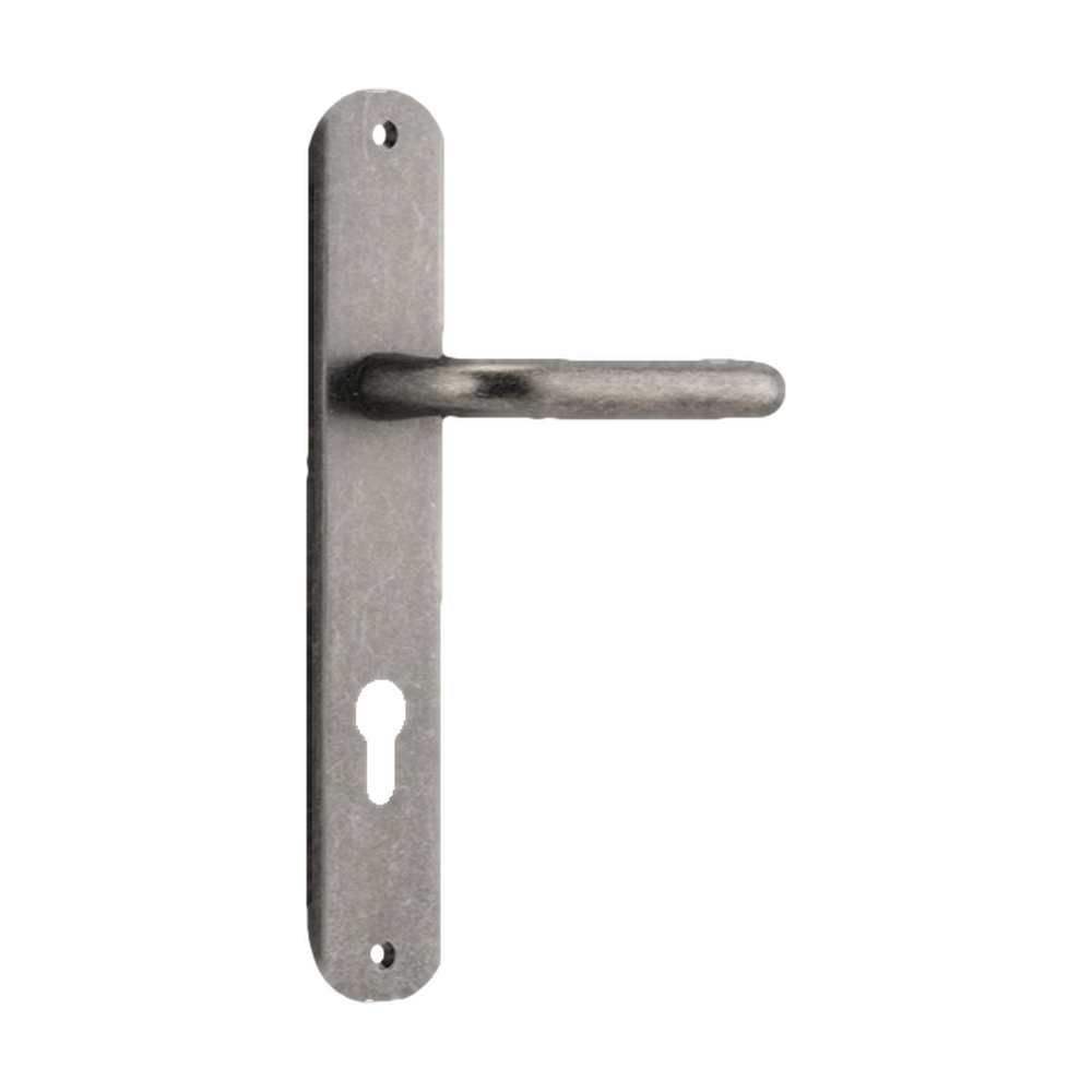 Door Lever Oslo Oval Latch Distressed Nickel H230xW40xP57mm in Distressed Nickel