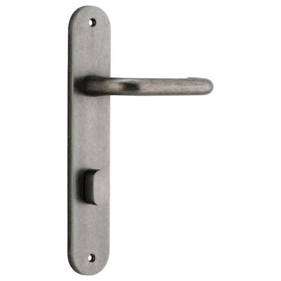 Door Lever Oslo Return Oval Privacy Distressed Nickel CTC85mm L118xP56mm BPH240xW50mm Privacy Kit Tube Latch Split Cam 'T' Striker Distressed Nickel Backset 60mm, Privacy Bolt Round Bolt Distressed Nickel Backset 60mm in Distressed Nickel