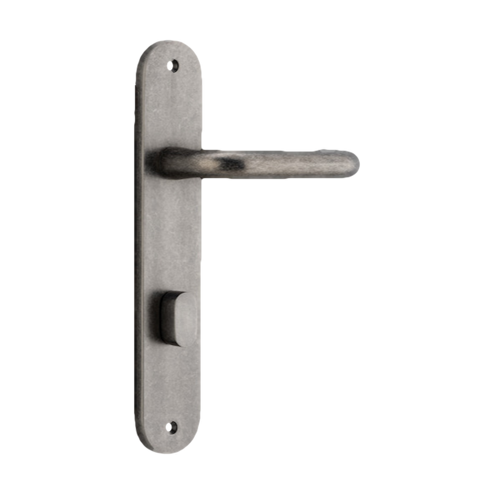 Door Lever Oslo Return Oval Privacy Distressed Nickel CTC85mm L118xP56mm BPH240xW50mm Privacy Kit Tube Latch Split Cam 'T' Striker Distressed Nickel Backset 60mm, Privacy Bolt Round Bolt Distressed Nickel Backset 60mm in Distressed Nickel