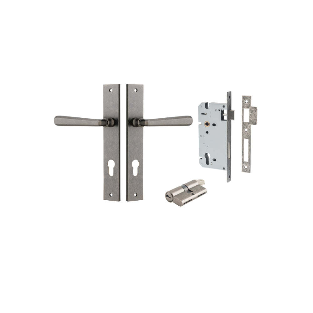 Door Lever Copenhagen Rectangular Euro Pair Distressed Nickel CTC85mm H240xW38xP61mm Entrance Kit, Mortice Lock Euro Distressed Nickel CTC85mm Backset 60mm, Euro Cylinder Dual Function 5 Pin Distressed Nickel L65mm KA1 in Distressed Nickel