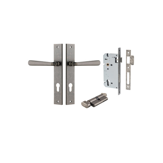 Door Lever Copenhagen Rectangular Euro Pair Distressed Nickel CTC85mm H240xW38xP61mm Entrance Kit, Mortice Lock Euro Distressed Nickel CTC85mm Backset 60mm, Euro Cylinder Key Thumb 6 Pin Distressed Nickel L70mm KA1 in Distressed Nickel