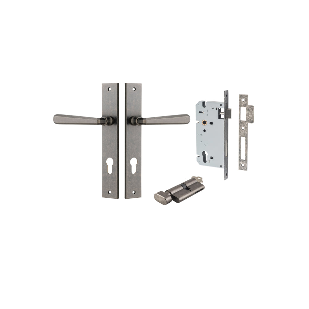Door Lever Copenhagen Rectangular Euro Pair Distressed Nickel CTC85mm H240xW38xP61mm Entrance Kit, Mortice Lock Euro Distressed Nickel CTC85mm Backset 60mm, Euro Cylinder Key Thumb 6 Pin Distressed Nickel L70mm KA1 in Distressed Nickel