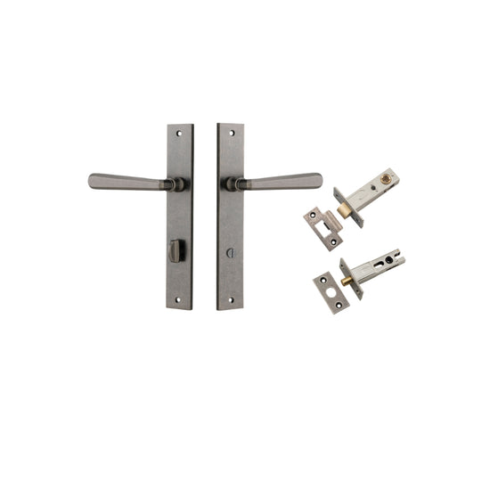 Door Lever Copenhagen Rectangular Privacy Pair Distressed Nickel CTC85mm H240xW38xP61mm Inbuilt Privacy Kit, Tube Latch Split Cam 'T' Striker Distressed Nickel Backset 60mm, Privacy Bolt Round Bolt Distressed Nickel Backset 60mm in Distressed Nickel