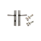 Door Lever Copenhagen Rectangular Privacy Pair Distressed Nickel CTC85mm H240xW38xP61mm Inbuilt Privacy Kit, Tube Latch Split Cam 'T' Striker Distressed Nickel Backset 60mm, Privacy Bolt Round Bolt Distressed Nickel Backset 60mm in Distressed Nickel
