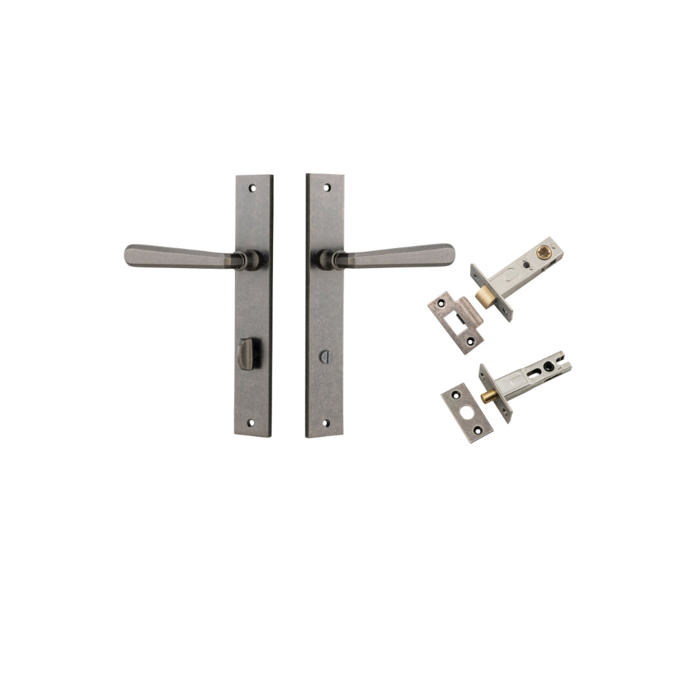 Door Lever Copenhagen Rectangular Privacy Pair Distressed Nickel CTC85mm H240xW38xP61mm Inbuilt Privacy Kit, Tube Latch Split Cam 'T' Striker Distressed Nickel Backset 60mm, Privacy Bolt Round Bolt Distressed Nickel Backset 60mm in Distressed Nickel