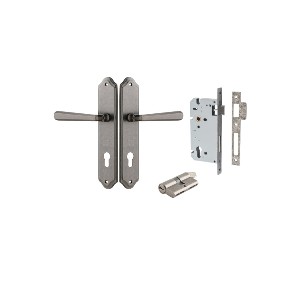 Door Lever Copenhagen Shouldered Euro Pair Distressed Nickel CTC85mm H250xW48xP61mm Entrance Kit Mortice Lock Euro Distressed Nickel CTC85mm Backset 60mm, Euro Cylinder Dual Function 5 Pin Distressed Nickel L65mm KA1 in Distressed Nickel