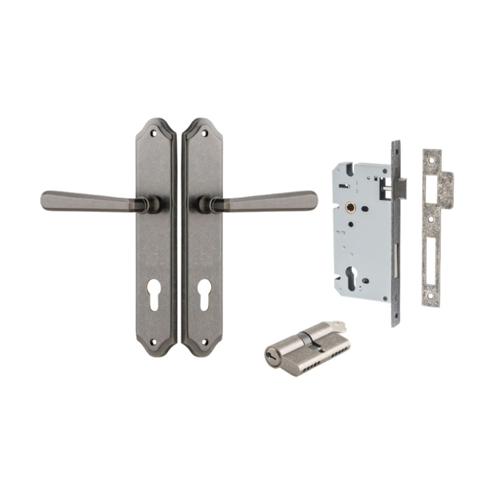 Door Lever Copenhagen Shouldered Euro Pair Distressed Nickel CTC85mm H250xW48xP61mm Entrance Kit Mortice Lock Euro Distressed Nickel CTC85mm Backset 60mm, Euro Cylinder Dual Function 5 Pin Distressed Nickel L65mm KA1 in Distressed Nickel