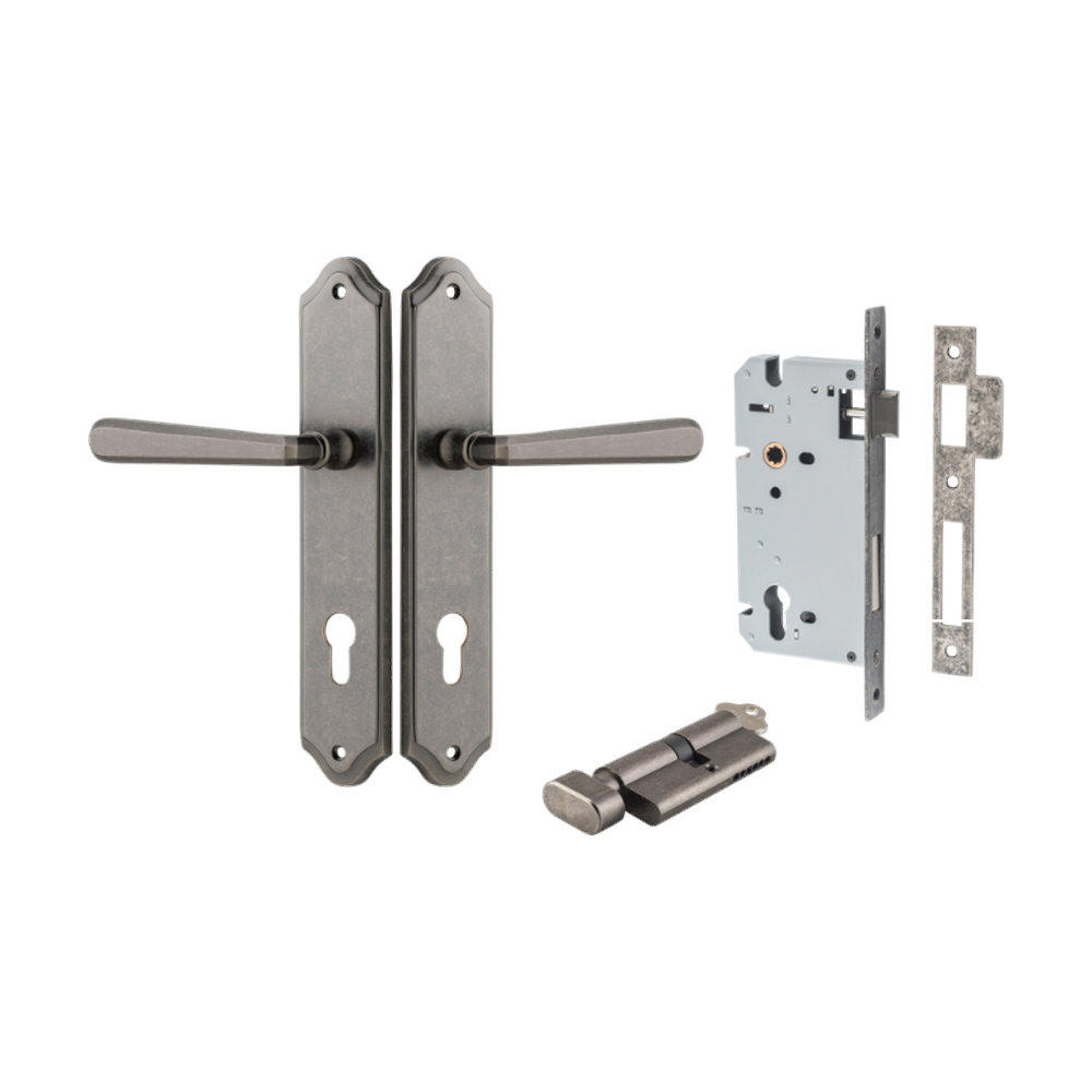 Door Lever Copenhagen Shouldered Euro Pair Distressed Nickel CTC85mm H250xW48xP61mm Entrance Kit Mortice Lock Euro Distressed Nickel CTC85mm Backset 60mm, Euro Cylinder Key Thumb 6 Pin Distressed Nickel L70mm KA1 in Distressed Nickel
