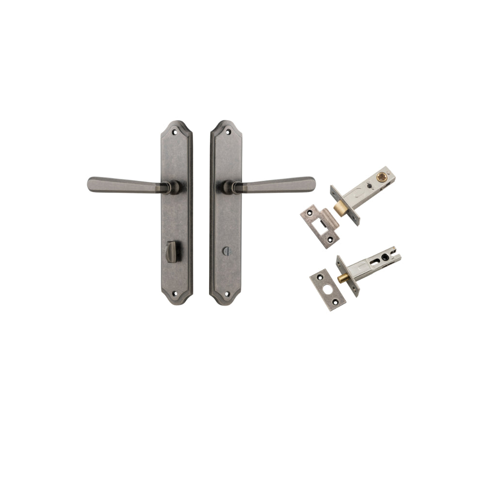 Door Lever Copenhagen Shouldered Privacy Pair Distressed Nickel CTC85mm H250xW48xP61mm Inbuilt Privacy Kit Tube Latch Split Cam 'T' Striker Distressed Nickel Backset 60mm, Privacy Bolt Round Bolt Distressed Nickel Backset 60mm in Distressed Nickel