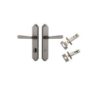 Door Lever Copenhagen Shouldered Privacy Pair Distressed Nickel CTC85mm H250xW48xP61mm Inbuilt Privacy Kit Tube Latch Split Cam 'T' Striker Distressed Nickel Backset 60mm, Privacy Bolt Round Bolt Distressed Nickel Backset 60mm in Distressed Nickel
