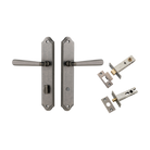 Door Lever Copenhagen Shouldered Privacy Pair Distressed Nickel CTC85mm H250xW48xP61mm Inbuilt Privacy Kit Tube Latch Split Cam 'T' Striker Distressed Nickel Backset 60mm, Privacy Bolt Round Bolt Distressed Nickel Backset 60mm in Distressed Nickel