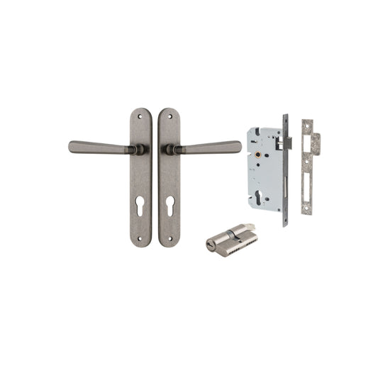 Door Lever Copenhagen Oval Euro Pair Distressed Nickel CTC85mm H240xW40xP61mm Entrance Kit Mortice Lock Euro Distressed Nickel CTC85mm Backset 60mm, Euro Cylinder Dual Function 5 Pin Distressed Nickel L65mm KA1 in Distressed Nickel