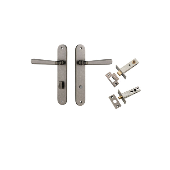 Door Lever Copenhagen Oval Privacy Pair Distressed Nickel CTC85mm H240xW40xP61mm Inbuilt Privacy Kit Tube Latch Split Cam 'T' Striker Distressed Nickel Backset 60mm, Privacy Bolt Round Bolt Distressed Nickel Backset 60mm in Distressed Nickel