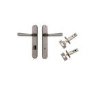 Door Lever Copenhagen Oval Privacy Pair Distressed Nickel CTC85mm H240xW40xP61mm Inbuilt Privacy Kit Tube Latch Split Cam 'T' Striker Distressed Nickel Backset 60mm, Privacy Bolt Round Bolt Distressed Nickel Backset 60mm in Distressed Nickel